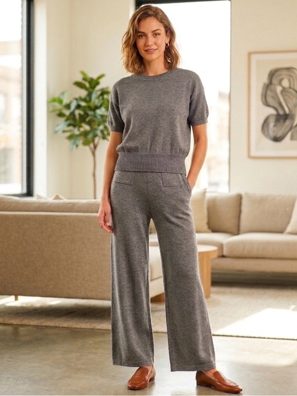 NWOT YUNA Heather Gray Knit Pantsuit Set - Size S/M